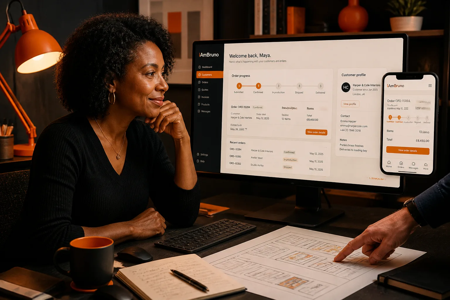 Illustrative senior developer reviewing a customer application and its mobile interface
