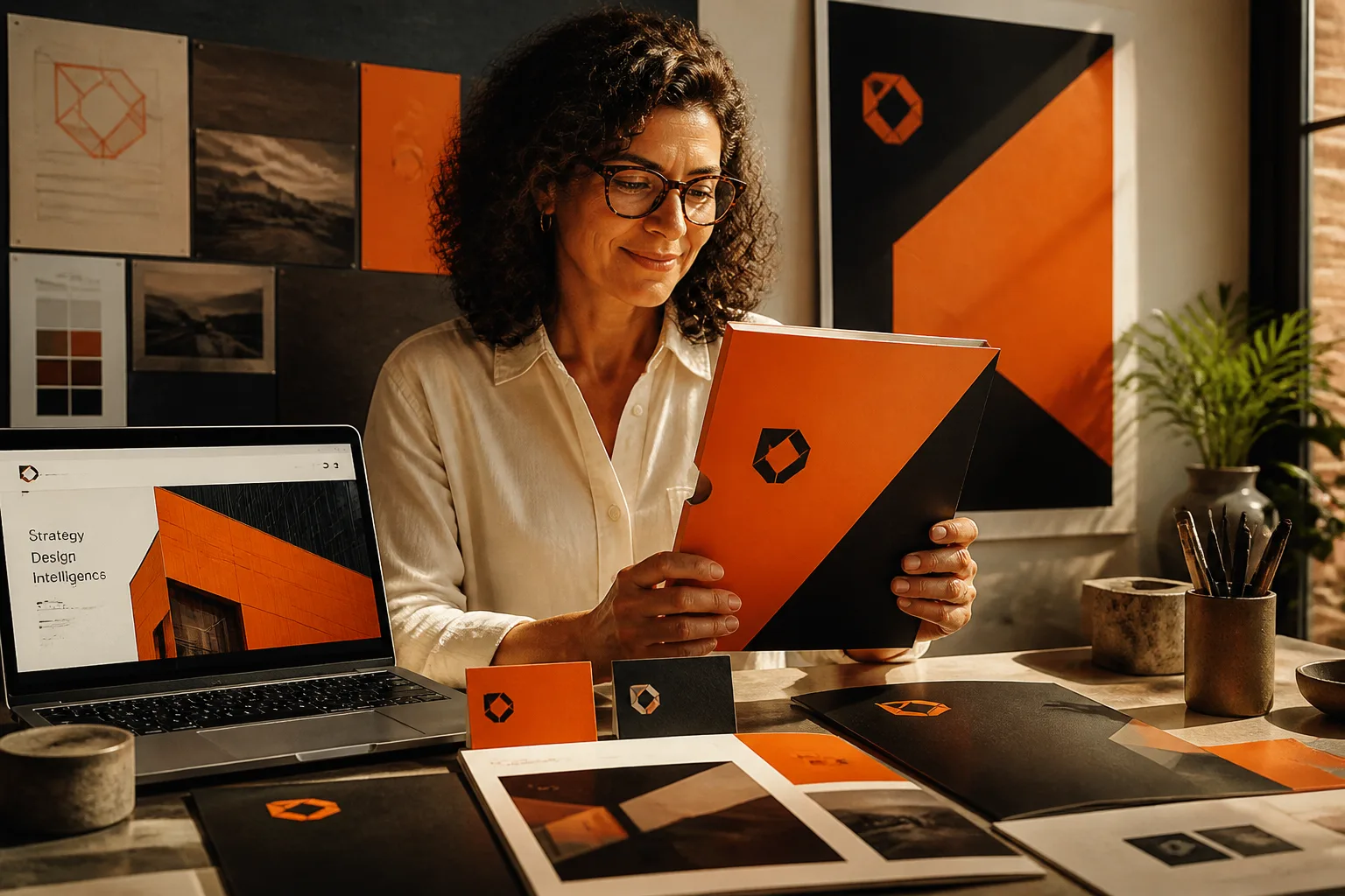 Illustrative visual designer reviewing a coordinated brand and printed materials 