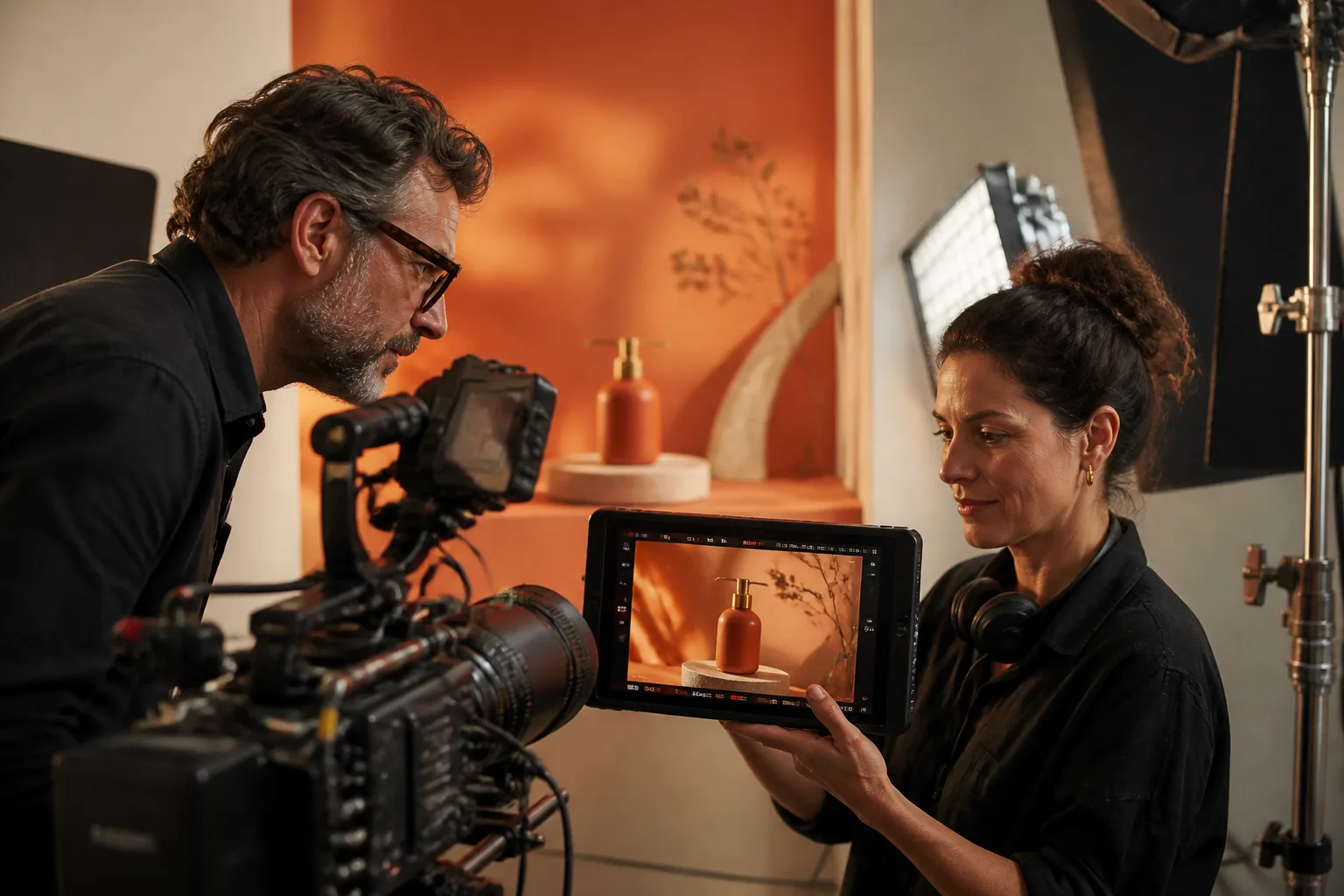 Illustrative film director and cinematographer reviewing a product shot 