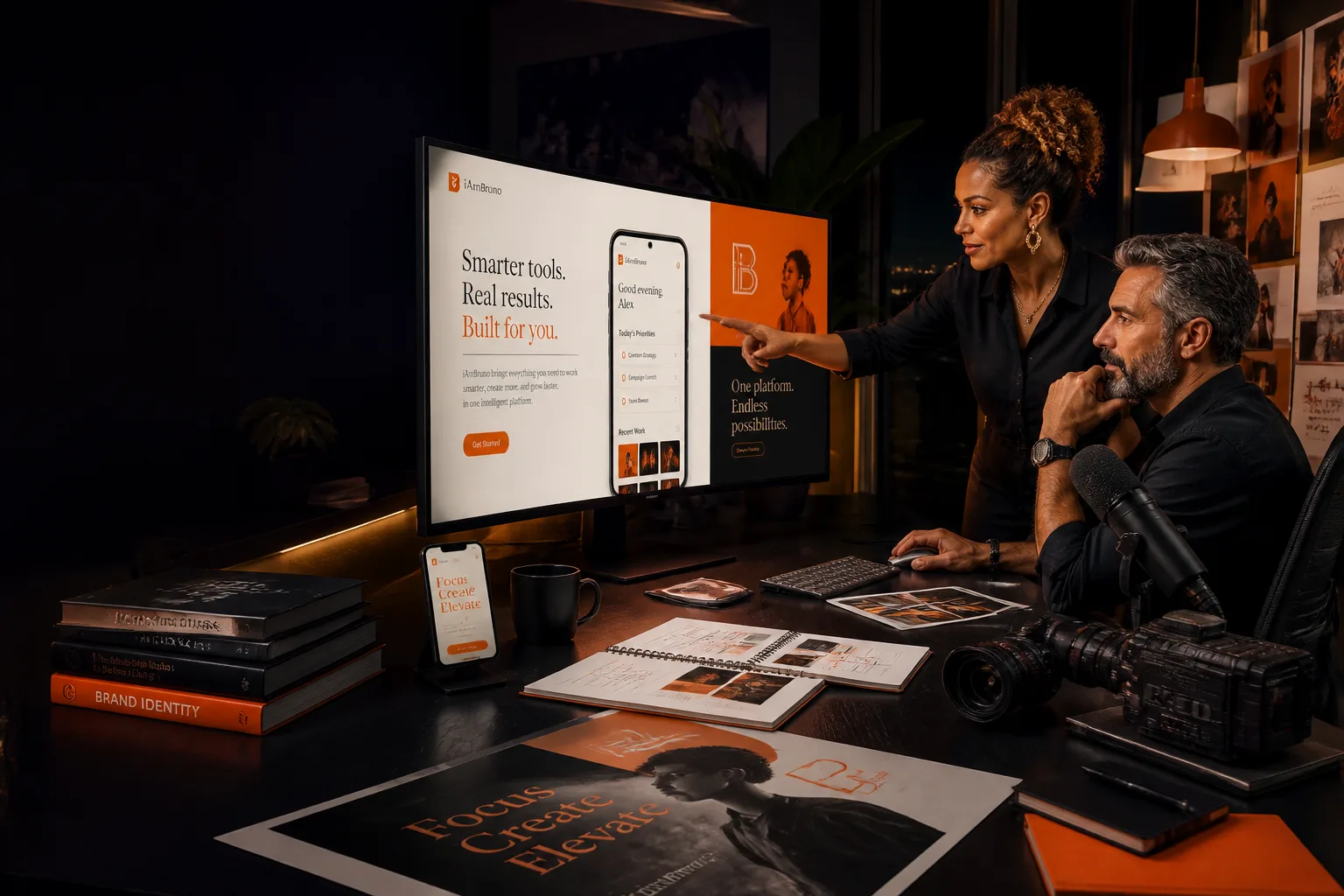 Illustrative multidisciplinary creative studio, with people reviewing a website, mobile app and design work