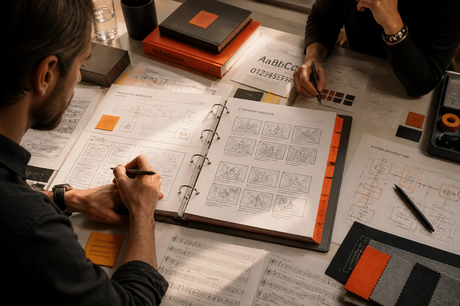 Illustration of experts developing a production manual using storyboards, typography, music and system diagrams