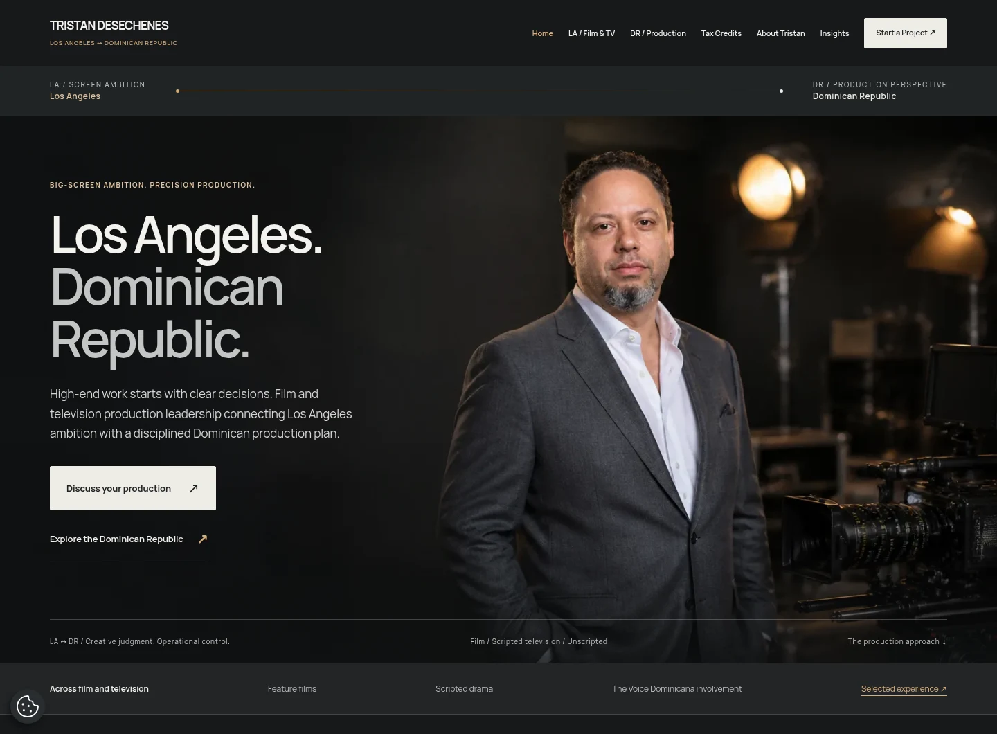 Actual finished website preview: Tristan’s film production site with cinematic portrait and editorial layout